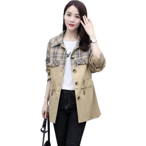 New 2021 Spring Autumn Ladies Windbreaker Jacket Womens Mid Long Belt Elegant Blouse Casual Plaid Stitching Female Outerwear