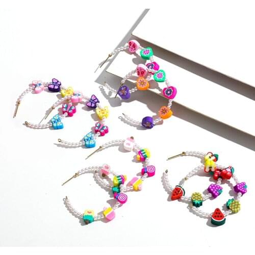 New Colorful Fruits Heart Butterfly Shape Polymer Clay Beads Earring for Women Fashion Pearl Beaded Circle Drop Earrings Jewelry