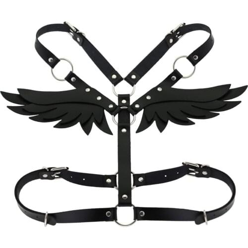 Trendy Punk Black Leather Body Harness Belt Jewelry Angel Wings Harness Women Cage Belts Waist To Leg Bondage Rave Emo Jewelry