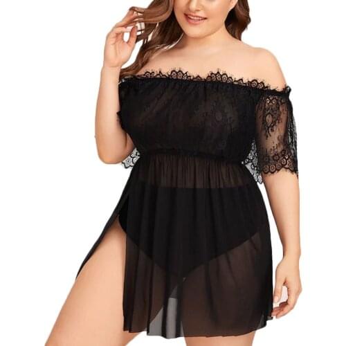 Women Plus Size Lace Sexy Lingerie Off-Shoulder Transparent Mesh Night Dress Womens Underwear Erotic Lingerie Sexy Costumes 4XL