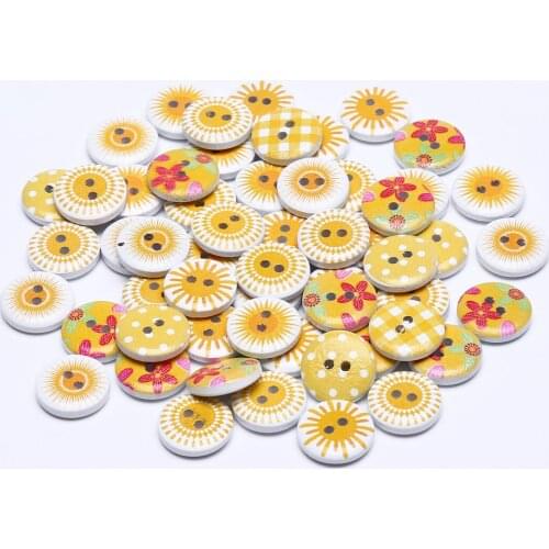 100pcs/lot 15mm Yellow Dots Flowers Checks Mixed Wood Round Buttons 2 Holes Sewing Accessories For Cardmaking Scrapbooking