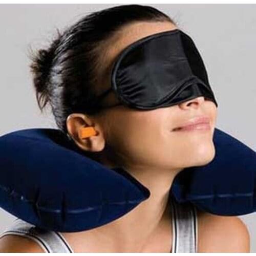 3pcs/1set Inflatable PVC Flocking U-shaped Pillow+Earplugs+ Eye Mask Comfort Neck Support Sleep Eyes Mask Patch Eye Beauty Tool