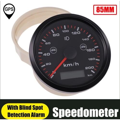 85mm GPS Speedometer With Blind Spot Detection Alarm High Beam Over Speed Buzzer Trip Odometer Counter 0~200 km/h MPH 12V/24V