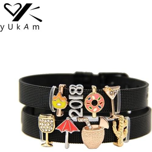 YUKAM Jewelry Pave Slider Crystal Cactus Drink Goblet Cup Umbrella Doughnut Fire Slide Charm Keeper for DIY Mesh Bracelet Making