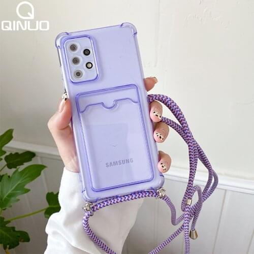 Card Holder Wallet Clear Rope Case For Samsung Galaxy A12 A32 5G A52 A72 A82 A02S S20 FE Ultra S21 Plus Lanyard Strap Hang Cover
