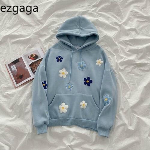 Ezgaga Flower Hoodies Loose Autumn Winter Fashion Thick Embroidery Preppy Style Kawaii Ladies Sweatshirt Jumper Streetwear Tops