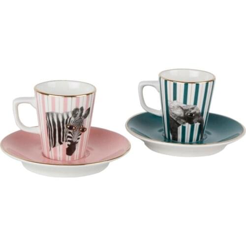 Porland Porcelain Wild Life Zebra&Elephant 2 Person Coffee Cup Set Turkish Coffee Espresso 2 Cups + 2 Saucers %100 Original