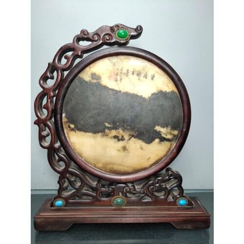 Chinese Folk Collection Old Mahogany mosaic Natural stone painting Marble Biyun Peak Spring Turn screen screen Office Ornaments