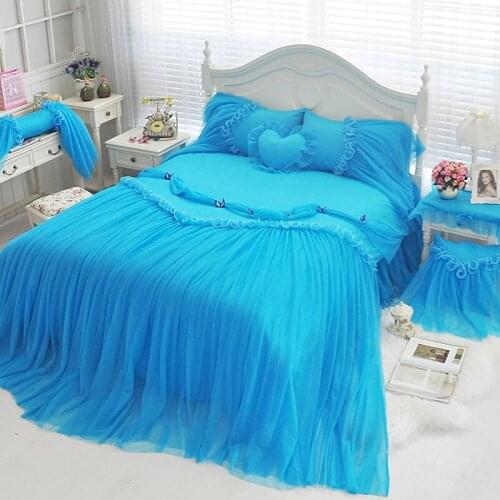 Blue Big Lace Ruffles Butterfly Duvet Cover Bed Skirts Pillowcases 100% Cotton Princess Bedspread Bedding Set Queen King Size