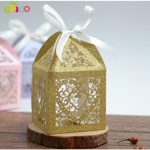 Wedding favor box special design laser cut candy packaging boxes glitter paper wedding box