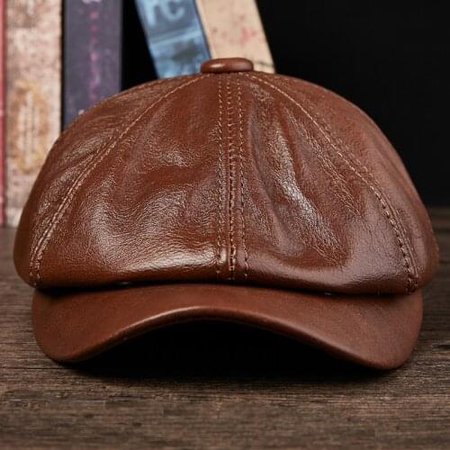 Mens Visors Hats Cowboy Genuine Leather Hat Cap Adult Autumn Winter Warm Hats Students Fashion Tongue Octagonal Hat B-8807
