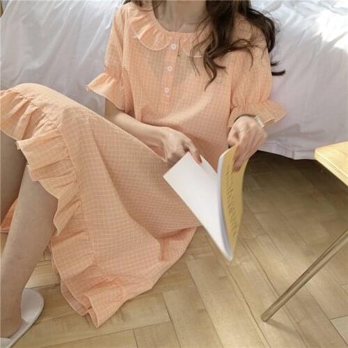 Pure Cotton Nightdress Women Home Clothes Casual Short Sleeve Ruffles Nightgown Loose Sleepwear Summer Thin Pajamas New Style
