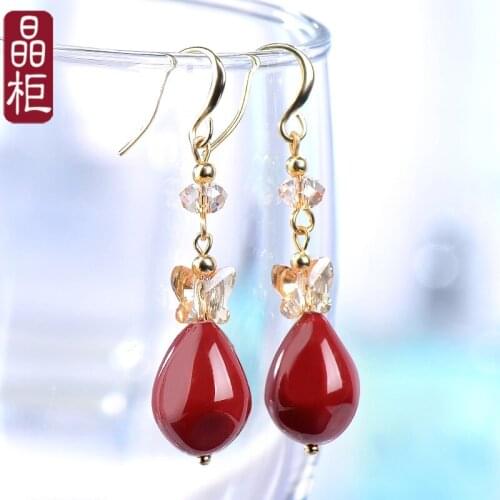Womens 2019 new fashion pure silver crystal earrings womens long temperament and versatile red mouse Earrings