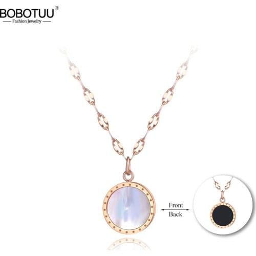 BOBOTUU Titanium Stainless Steel Black/White Shell Pendant Necklaces Jewelry Rose Gold Chokers Necklace For Women Girls BN19005