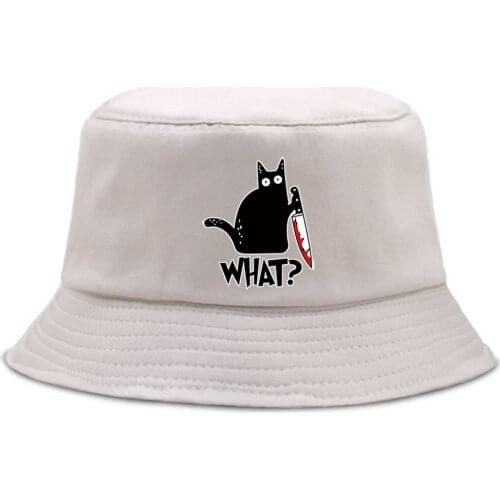 Little Black Cat And Knife Funny Letter Mens Panama Hat Unisex Fashion Bucket Hats For Man Casual Cotton Women Fisherman Caps