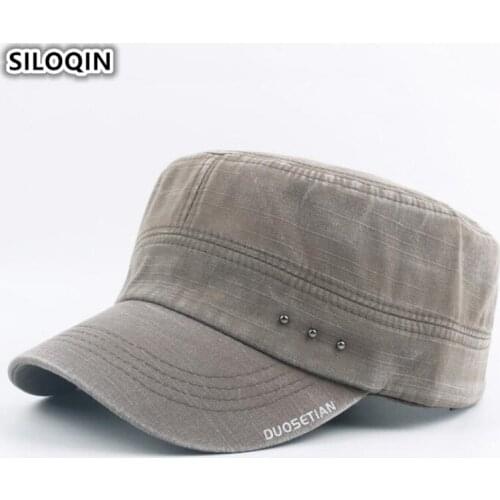 SILOQIN Mens Cap Washed 100% Cotton Vintage Army Military Hats Nails Decoration Flat Top Caps For Men Adjustable Size Dads Hat