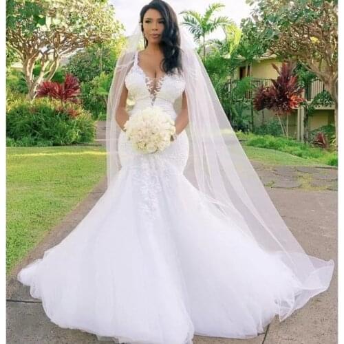 Wedding Dresses Spaghetti Straps Mermaid Sweep Train Tulle Lace Crystal Wedding Dresses Lace Up Bridal Gowns vestido de noiva