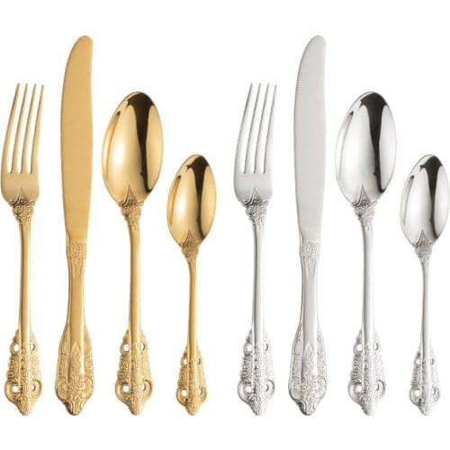 Vintage Cutlery Stainless Steel Tableware Set Silver Gold Spoon Steak Fork Knife Western Cutleri Silverware Retro Dinnerware Set