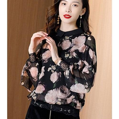 Elegant Women Spring Autumn Style Chiffon Blouses Shirts Lady Casual Long Sleeve Stand Collar Flower Printed Blusas Tops ZZ0444