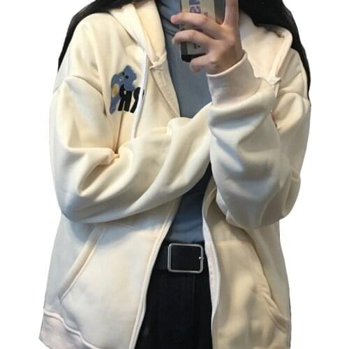 2020 Autumn And Winter Zipper Hooded Women Plus Velvet Thick Korean Version Of Solid Color Cartoon Anime Loose Girl Sweatshirt