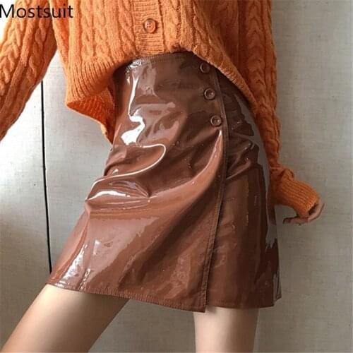 Patent Pu Leather Women Skirt High Waist Buttons A-line Skirt Streetwear Fashion Korean Ladies Skirt Femme 2021