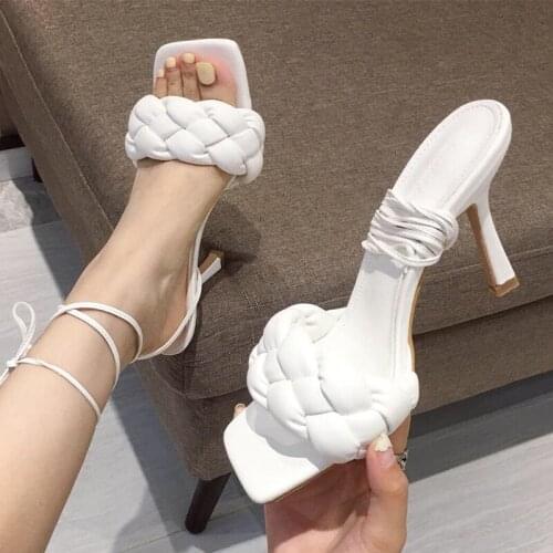 Womens Sandals White Strappy Heels New Leather Narrow Band Sexy High Heels 7cm 10cm 2021 Summer Shoes Weave Square Toe Sandal