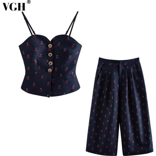VGH Vintage Print Two Piece Set For Women Square Collar Sleeveless Camis High Waist Wide Leg Pants Casual Sets Female Summer New