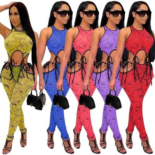 Sexy Print Women Pants Set Crop Tank Top + Long Pants Hollow Out Sleeveless Streetwear Summer Clothes For Women