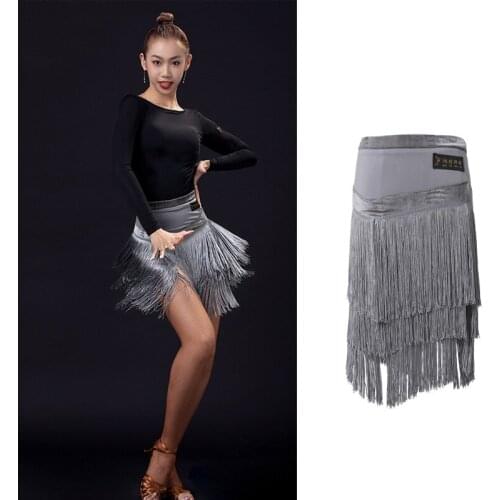 Latin Dance Costume For Women Adult Gray Velvet Tassel Skirt Female Rumba Fringe Practice Skirt Tango/Samba Dancewear VO1012