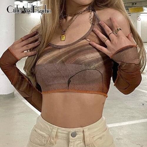 Harajuku Print Y2K Halter Camis With Sleeves Vintage Summer Cute Crop Tops Aesthetic 2000s Retro Slim Tee Outfits Cuteandpsycho