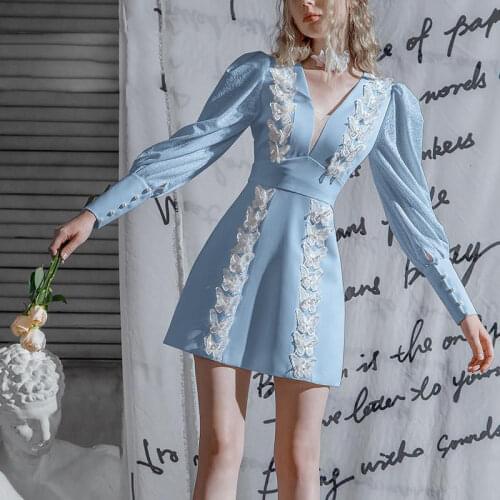 2021 Spring New Fashion Temperament Three-dimensional Butterfly Embroidered Mid-length Skirt High Waist Puff Sleeve Dress