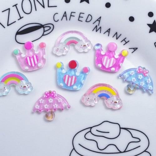 10 pcs/bag Cute Small Rainbow Resin Cabochons Flat Back Resin Crown Umbrella For DIY Phone Case Accessories Decorative Craft