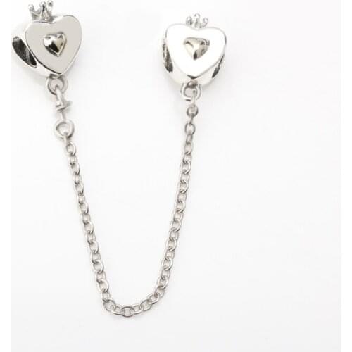925 Sterling Silver Safety Chain Bead Crown Heart Shape Charm Beads Fit European Bracelet Bangle Jewelry