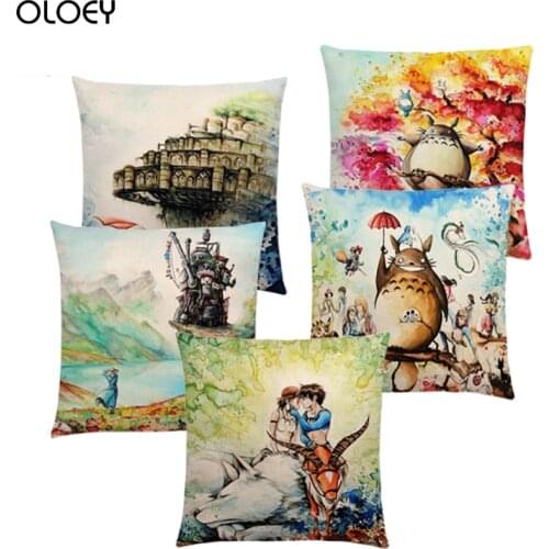 Hayao Miyazaki Watercolor Works My Neighbor Totoro Castle Sky Pillowcase Mobile Phone Castle Linen Pillowcase Home Decoration