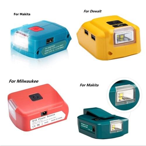 Free ship 14.4/18V Lithium Battery Adapter With Dual USB Charging DC12V LED Emergency Light For Dewalt MAKITA Milwaukee