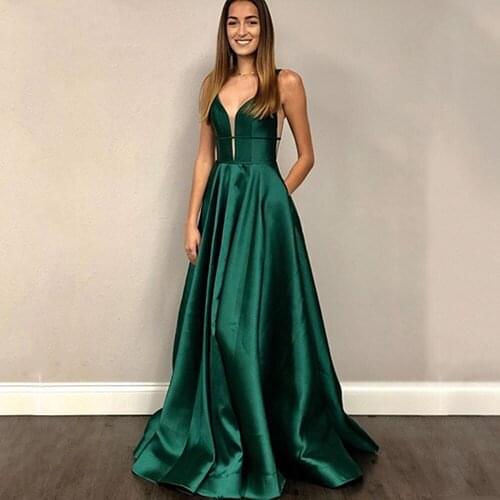 Noble Satin A-line Prom Dresses Sleeveless Green Plunging V Neckline Wedding Brithday Formal Party Evening Gowns Robe 2021 New