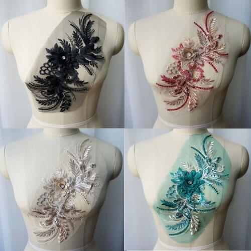 Black Red Embroidered Lace Fabric 3D Flower Tassel Rhinestone Gown Appliques Collar Mesh Sew Patch For Wedding Decoration DIY