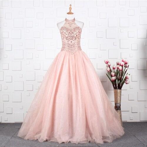 Elegant Long Pink Halter Quinceanera Dresses Beaded A-Line Lace Up Vestidos De 15 Anos Vestido Debutante Formal Party Gowns