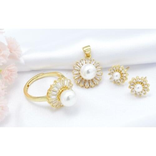 Hongwaysp luxury Noble jewelry charming Chrysanthemum set of shell pearl pendant& earring &ring