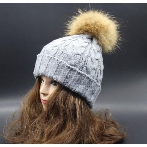 Jinsen Aite New Winter Autumn Fashion Womens Wool Knitted Beanies Caps Real Raccoon Fur Pompom Beanie Hats Solid Warm Hat JS215