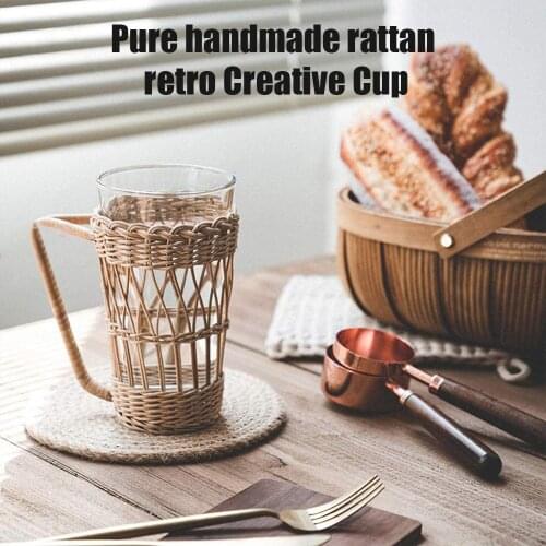 Coffee Cup Insulator Sleeve with Handle & Glass Handmade Rattan Cup Sleeve Glass Holder for Cold & Hot Beverages SCIE999