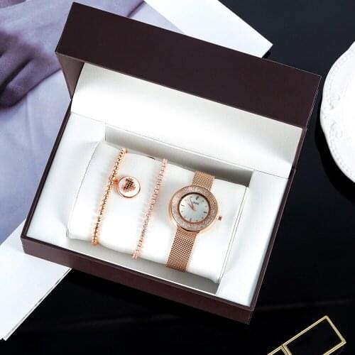 Fashion Womens Watch Bracelet Set Simple Mesh Strap Quartz Watch Steel and Crystal Bracelets With Gift Box For Girls Ladiess