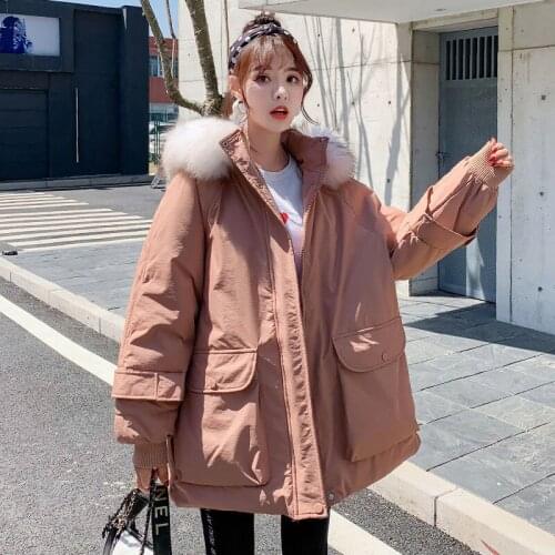 2021 Korean Fashion Winter Jackets Womens Casual Loose Cotton Coats Woman Warm Big Fur Collar Hooded Down Cotton Parkas Jackets