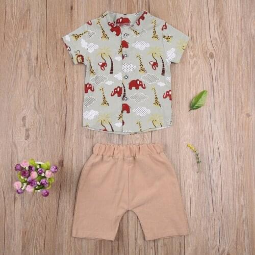 Summer Little Boys Shirt Shorts Set, Toddlers Cartoon Animal Printing Short Sleeve Stand Collar Top + Solid Color Short Trousers