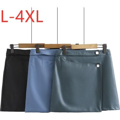New Ladies Autumn Winter Plus Size Mini Skirt For Women Large Slim Casual A line Faux Leather Button Blue Black Skirts 3XL 4XL