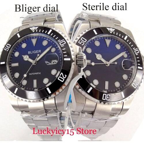 Business Style Stainless Steel 40mm Mens Watch Automatic Movement Date Black Blue Dial Ceramic Bezel mental Strap