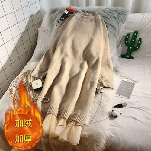 2020 new autumn plus size womens sweater dress mesh stitching fake two-piece dress loose thick O-neck long-sleeved dress women