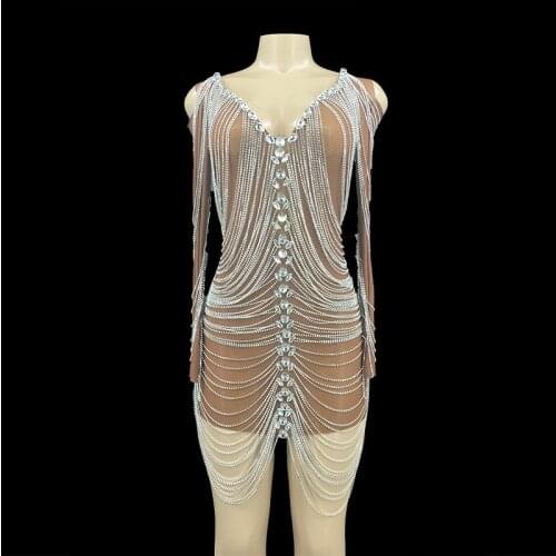 New Style Long Sleeve Silver Rhinestone Chains Dress Evening Birthday Transparent Outfit Women Dancer Sexy Dress YOUDU