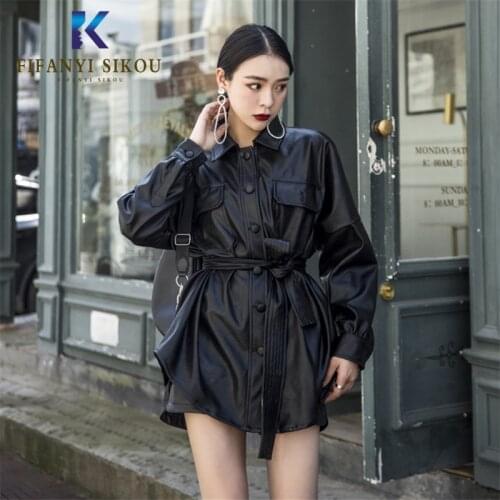 Autumn Women Pu Leather Jacket Woman Fashion Belt Motorcycle Coat Female Black Elegant Loose Faux Leather Jackets Outwear Female
