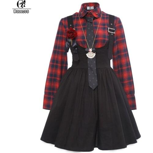 ROLECOS New Arrival Gothic Style Women Lolita Dress Plaid Shirt with Suspender Skirt Vintage Women Punk Lolita Dresses